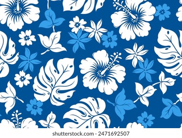 tropical hibiscus flower and leaf seamless pattern for summer fashion, beach prints, and hawaiian designs. hand drawn illustration perfect for textile, fabric, and print design.