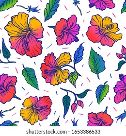 Tropical hibiscus flower leaves seamless vector floral colourful summer pattern background.