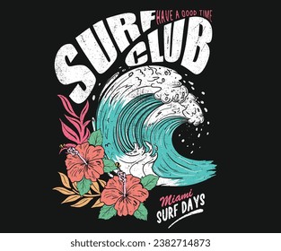 Tropical hibiscus flower. Long beach print design artwork. Beach Paradise Print t shirt graphics design, typography slogan on palm trees background. Summer beach vibes. Surfing club. Miami surf days.