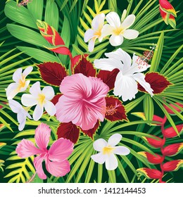 Tropical hibiscus flower with palm leaves background. Vector set of exotic tropical garden for holiday invitations, greeting card and fashion design.