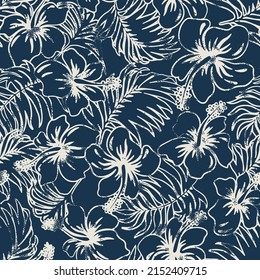 Tropical hibiscus flower plants patchwork vintage vector seamless pattern