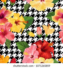 Tropical Hibiscus Flower Seamless Pattern. Floral Geometrical Summer Background for Fabric Textile, Wallpaper, Decor, Wrapping Paper. Watercolor Botanical Design. Vector illustration