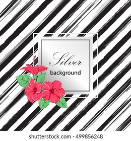 Tropical hibiscus flowers. Diagonal background. Silver pattern. Vector illustration.