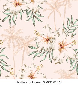 Tropical hibiscus flowers, green leaves, palm trees silhouettes, blush pink background. Vector seamless pattern. Floral illustration. Exotic plants. Summer beach design. Paradise nature