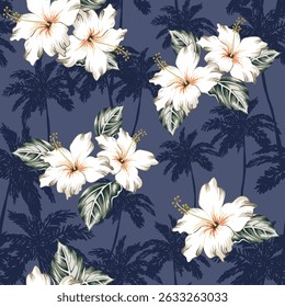 Tropical hibiscus flowers, green leaves, palm trees silhouettes, dark blue background. Vector seamless pattern. Floral illustration. Exotic plants. Summer beach design. Paradise nature