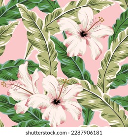 Tropical hibiscus flowers, green palm leaves, pink background. Vector seamless pattern. Jungle foliage illustration. Exotic plants. Summer beach floral design. Paradise nature