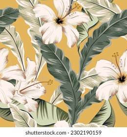 Tropical hibiscus flowers, green palm leaves, yellow background. Vector seamless pattern. Jungle foliage illustration. Exotic plants. Summer beach floral design. Paradise nature