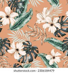 Tropical hibiscus flowers, green palm leaves, beige background. Vector seamless pattern. Jungle foliage illustration. Exotic plants. Summer beach floral design. Paradise nature