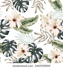 Tropical hibiscus flowers, green palm leaves, white background. Vector seamless pattern. Jungle foliage illustration. Exotic plants. Summer beach floral design. Paradise nature