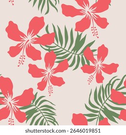 Tropical hibiscus flowers, green palm leaves silhouettes, gray background. Vector seamless pattern. Floral flat illustration. Exotic plants. Summer beach design. Paradise nature