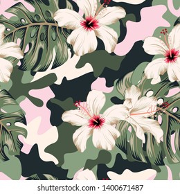 Tropical hibiscus flowers, monstera palm leaves bouquets, camouflage background. Vector seamless pattern. Jungle foliage illustration. Exotic plants. Summer beach floral design. Paradise nature