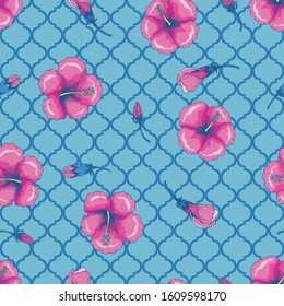Tropical Hibiscus Flowers on Moroccan Background Vector Seamless Pattern