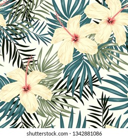 Tropical hibiscus flowers and palm leaves bouquets seamless pattern, white background. Jungle foliage illustration with exotic plants. Summer beach floral surface design. Great for fabric, wallpaper.