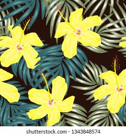 Tropical hibiscus flowers and palm leaves bouquets seamless pattern, black background. Jungle foliage illustration with exotic plants. Summer beach floral surface design. Great for fabric, wallpaper.