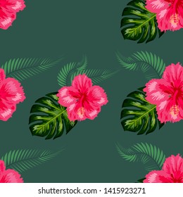 Tropical hibiscus flowers and palm leaves bouquets seamless pattern. Jungle foliage illustration with exotic plants. Summer beach floral surface design.