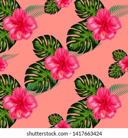 Tropical hibiscus flowers and palm leaves bouquets seamless pattern. Jungle foliage illustration with exotic plants. Summer beach floral surface design.