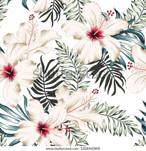 白い背景に熱帯のハイビスカスの花とヤシの葉の花束 ベクターシームレスなパターン ジャングルの葉のイラスト エキゾチックな植物 夏のビーチ花柄 天国の自然 のベクター画像素材 ロイヤリティフリー