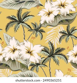 Tropical hibiscus flowers, palm trees, banana leaves, yellow background. Vector seamless pattern. Jungle foliage illustration. Exotic plants. Summer beach floral design. Paradise nature