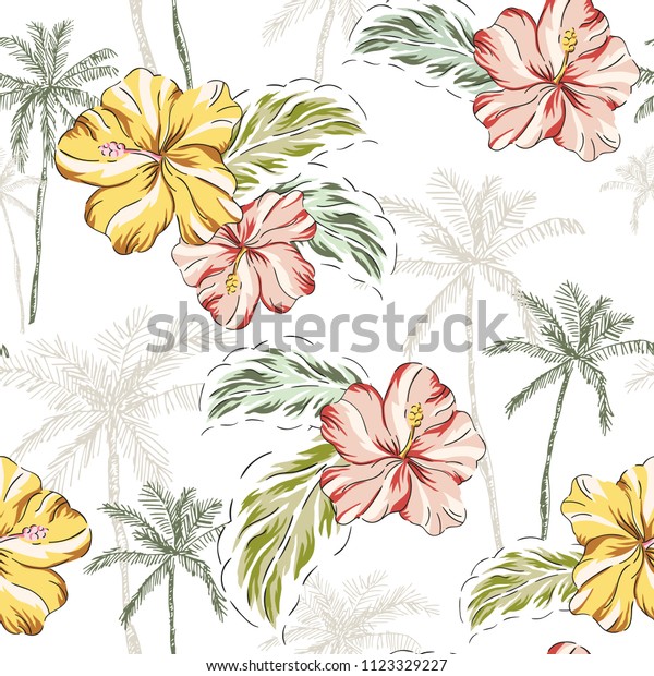 ヤシの木 葉の背景に熱帯のハイビスカスの花 ベクターシームレスなパターン ジャングルのイラスト エキゾチックな植物 夏のビーチ花柄 パラダイスの自然の図 のベクター画像素材 ロイヤリティフリー