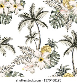 Tropical hibiscus flowers, pineapples, monstera palm leaves bouquets, palm trees, white background. Vector seamless pattern. Jungle illustration. Exotic plants. Summer beach design. Paradise nature