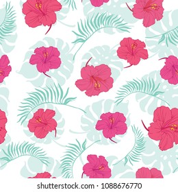 Tropical hibiscus flowers seamless repeat pattern. Great for summer exotic wallpaper, backgrounds, packaging, fabric, and giftwrap projects. Surface pattern design.