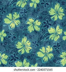 Tropical hibiscus and frangipani flowers wallpaper vintage vector seamless pattern grunge effect in separate layer