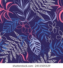 Impresión de vectores sin fisuras Tropical Hibiscus Hawaiian. Patrón esquemático dibujado a mano con hojas tropicales para las niñas moda adolescente, ropa de baño y estacionario . Rosa y azul de la marina