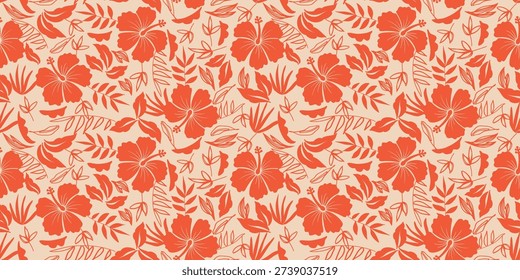 Tropical hibiscus orange pattern. floral pattern blooms orange motif, Hibiscus flower design. decorative summer pattern for Hawaiian shirts. botanical Monochromatic motifs floral hibiscus design.