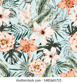 Tropical hibiscus, orchid, rose flowers, monstera, banana palm leaves background. Vector seamless pattern. Jungle foliage illustration. Exotic plants. Summer beach floral design. Paradise nature