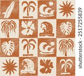 Tropical hibiscus and palm leaves. Abstract tropical seamless pattern with palm leaves. Surface cover design. Fabric textile print. surfboard and sun. Hand drawn minimal art background
