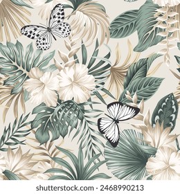 Tropical hibiscus and palm leaves with butterfly floral pattern.	