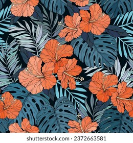 Tropical hibiscus and palm leaves seamless pattern. Exotic jungle Vector illustration