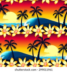Tropical hibiscus and palm tree at sunset seamless pattern.