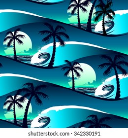 Tropical hibiscus and palm trees at sunset seamless pattern .