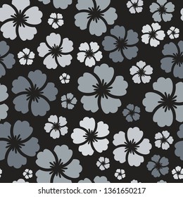 Tropical hibiscus plumeria floral plant exotic vector beach wallpaper seamless pattern textile print .Grey botanical illustration in hawaiian style. Jungle foliage