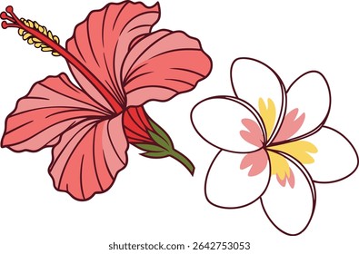 Tropical Hibiscus and Plumeria Flower Illustration with Bright Colors. Exotic Hibiscus and Plumeria Bloom Design for Summer Themes. Colorful Floral Art Featuring Tropical Hibiscus and Plumeria Flowers