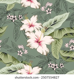 Hibisco tropical, flores de plumeria, hojas de palma, fondo verde. Patrón sin fisuras de Vector. Ilustración floral. Plantas exóticas. Diseño de playa de verano. Naturaleza del paraíso