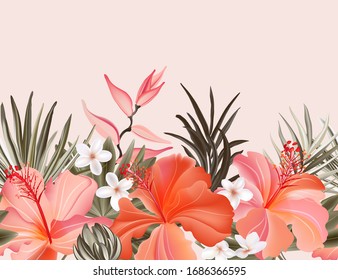Tropical hibiscus plumeria vintage graphic  floral pampas grass ,palm leaves Exotic orange pink frame, floral border wallpaper. Vector.
