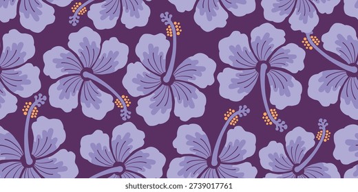 Tropical hibiscus purple pattern. floral pattern blooms royal purple motif, Hibiscus flower design. decorative summer pattern for Hawaiian shirts. botanical motifs floral hibiscus design. purple color