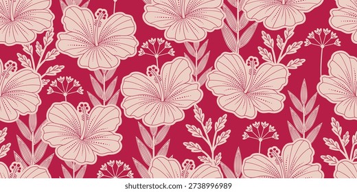 Tropical hibiscus red pattern. Exotic floral pattern blooms red motif, Hibiscus flower design. decorative summer pattern for Hawaiian shirts. Monochromatic botanical motifs, floral hibiscus design.