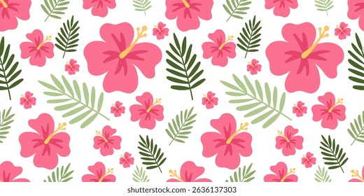 Tropical hibiscus seamless pattern with palm leaves — vibrant summer floral vector background featuring pink exotic flowers and jungle greenery. Perfect for beach party invitations, swimwear fabric.