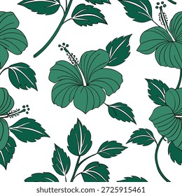 Padrão de telha sem costura de hibisco tropical com hastes verdes exuberantes e aglomerados de hibisco vibrantes no fundo branco ideal para lounges ensolarados conceito como Hastes de hibisco verde exuberante e aglomerados vibrantes no fundo branco criar padrão de telha sem costura tropical para lounges ensolarados no Conceito de Stock de Fotos e espaço vazio no lado esquerdo, sem texto —ar 7:2 —ladrilho