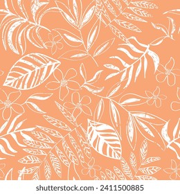 Tropical hibiscus and vector leaves. Seamless repeat print pattern for teens girls and fashion. Peach neon girly illustration with distressing. Summer spring swimwear and stationary