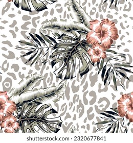 Tropical hibisus flowers, monstera palm leaves, leopard spots animal print background. Seamless pattern. Vector illustration. Exotic plants. Summer beach floral design