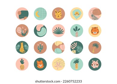 Tropical highlight icon set for social net profile. Abstract shapes, leaves, animal, leopard, exotic leaves. Botanical jungle design in circle. Summer story highlights template. Vector illustration.