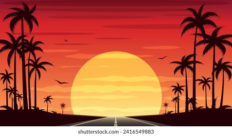 Tropical highway landscape. Road with palm trees at sunset panorama vector illustration