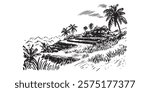 tropical hillside with palm trees and rice terraces in black and white