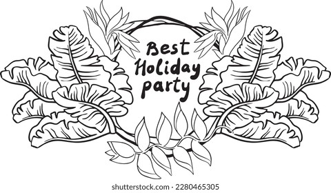 Tropical holiday frame background with palm leaves and flowers. Decorative elements vector design for party invitation, summer sale, vacation paradise promotion. Hand drawn illustration.