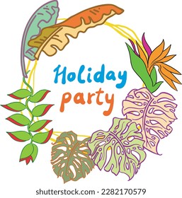 Tropical holiday frame background with palm leaves and flowers. Decorative elements vector design for party invitation, summer sale, vacation paradise promotion. Hand drawn illustration.