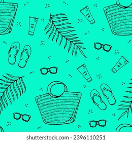 Tropical holiday hand drawn stuff as glasses, flip-flops, leaves, bag  seamless pattern black lines on the blue background.